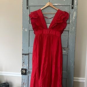 Red Ruffle Plunge Neck Maxi Dress